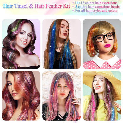 ROADPLUM Hair Tinsel Kit - 16 Colors, 3200 Strands & 12 Colors Hair Feathers - Heat Resistant Shiny Tinsel for Cosplay, Party, and Everyday Glam