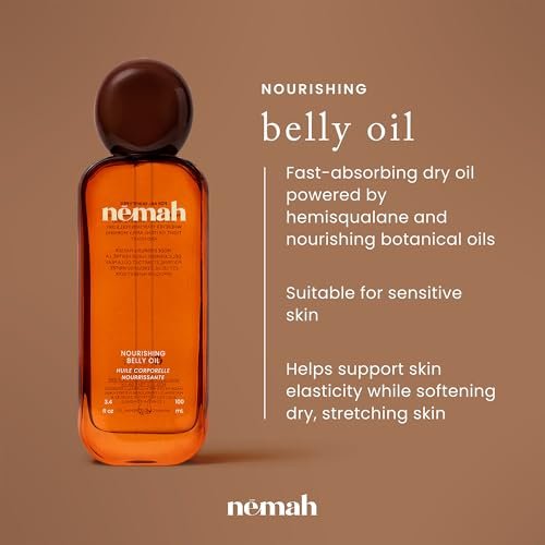 Nemah Belly Oil for Pregnant Women – Stretch Mark Prevention with Jojoba, Coconut & Hemisqualane – Quick Drying, Non-Greasy – Vegan, 3.4 Fl Oz Avelisse