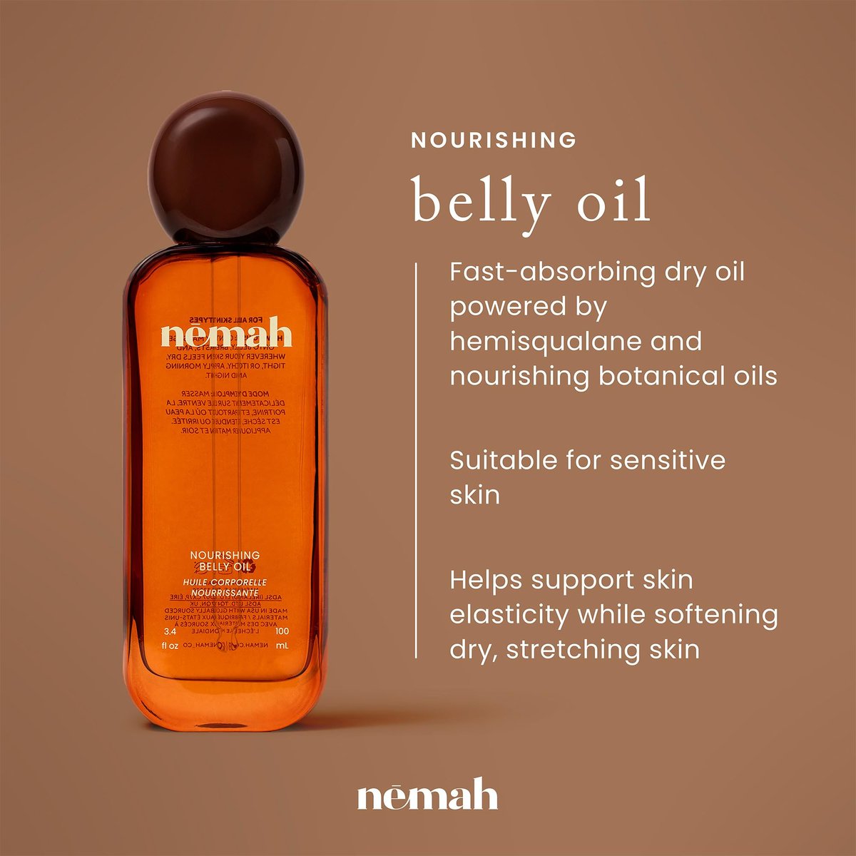 Nemah Belly Oil for Pregnant Women – Stretch Mark Prevention with Jojoba, Coconut & Hemisqualane – Quick Drying, Non-Greasy – Vegan, 3.4 Fl Oz Avelisse
