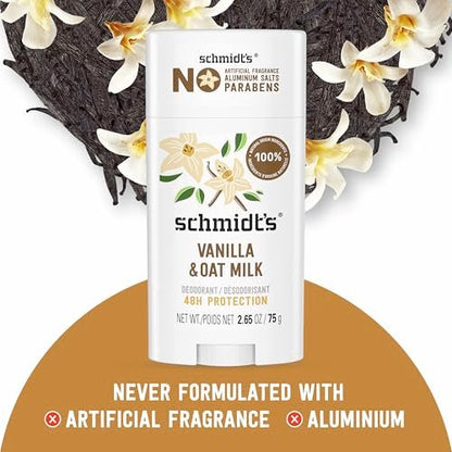 Schmidt's Aluminum-Free Vegan Deodorant Vanilla & Oat Milk - 24 Hour Odor Protection, Natural Ingredients, Cruelty-Free, 2.65 oz