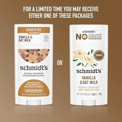 Schmidt's Aluminum-Free Vegan Deodorant Vanilla & Oat Milk - 24 Hour Odor Protection, Natural Ingredients, Cruelty-Free, 2.65 oz