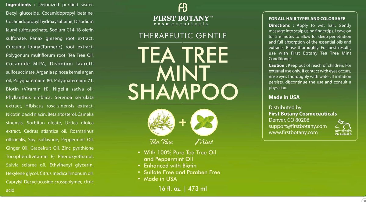 First Botany Tea Tree Oil Shampoo 16 fl oz - Anti Dandruff & Natural Scalp Cleanser for Dry, Itchy, Flaky Scalp - Sulfate Free, Paraben Free - Prevents Head Lice & Thinning Avelisse