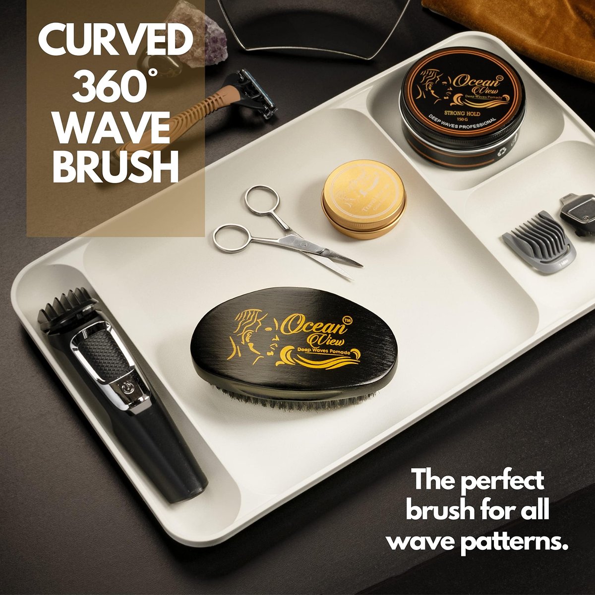 Ocean View Pomade with Wooden Palm Brush for Men – Medium Firm Bristles for 540 & 720 Waves, Contoured Control with Thumb Indentation Avelisse