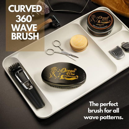 Ocean View Pomade with Wooden Palm Brush for Men – Medium Firm Bristles for 540 & 720 Waves, Contoured Control with Thumb Indentation Avelisse