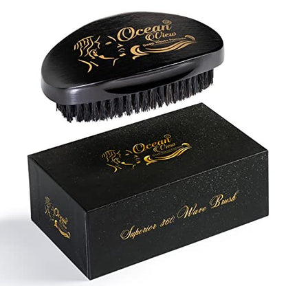 Ocean View Pomade with Wooden Palm Brush for Men – Medium Firm Bristles for 540 & 720 Waves, Contoured Control with Thumb Indentation Avelisse