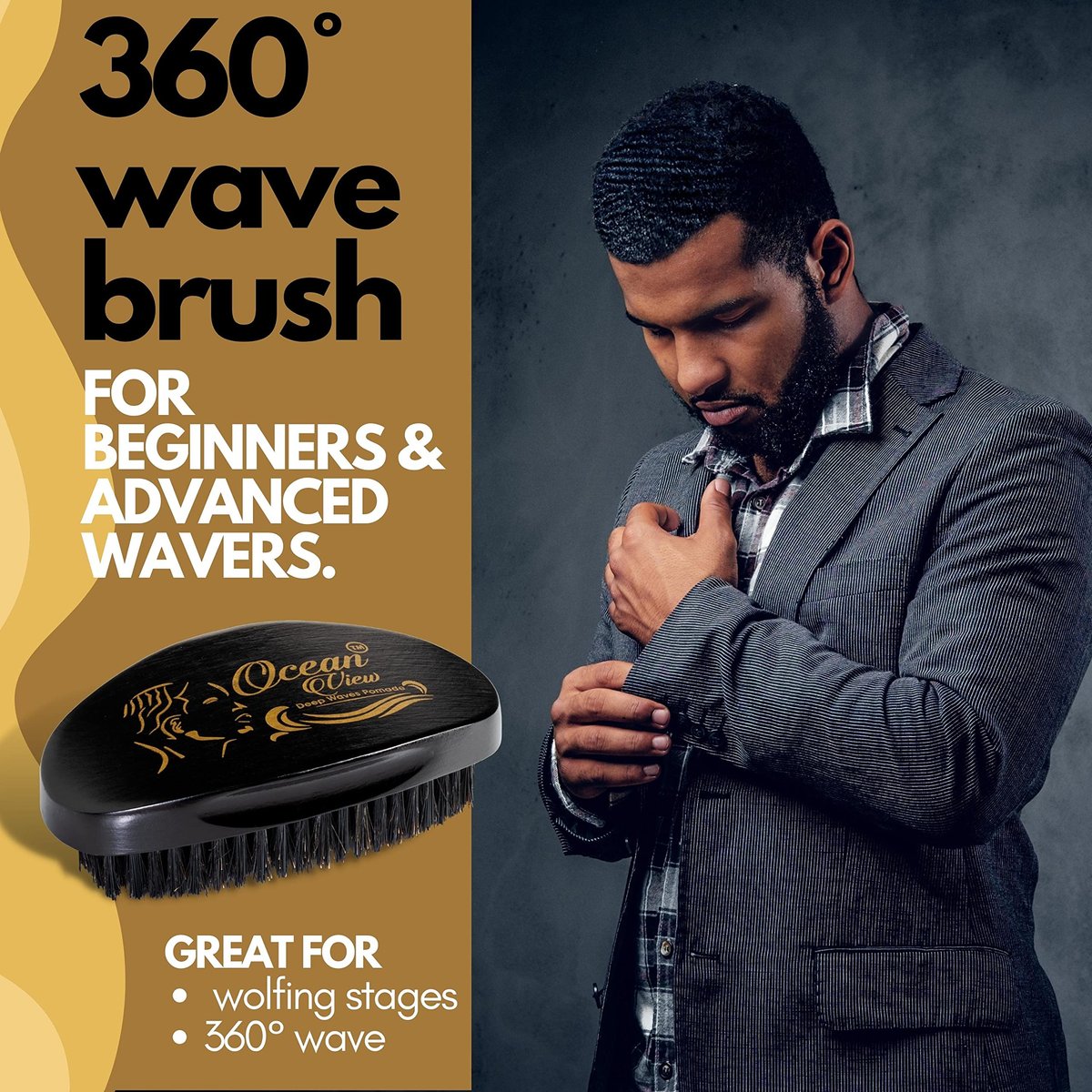 Ocean View Pomade with Wooden Palm Brush for Men – Medium Firm Bristles for 540 & 720 Waves, Contoured Control with Thumb Indentation Avelisse