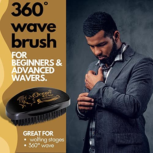 Ocean View Pomade with Wooden Palm Brush for Men – Medium Firm Bristles for 540 & 720 Waves, Contoured Control with Thumb Indentation Avelisse