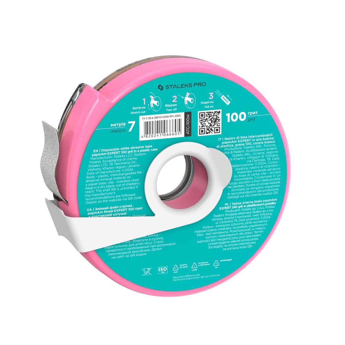 STALEKS PRO Disposable White Abrasive Tape 100 Grit – 7m Roll in Plastic Case – Glueless Replaceable Abrasive for Professional Nail Shaping – Manicure & Pedicure - görsel 3