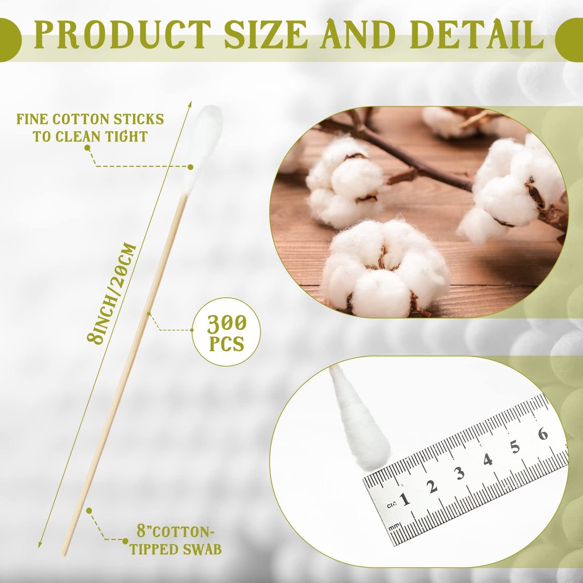 Zhehao 300 Pcs 8 Inch Large Cotton Swabs with Bamboo Handle - Extra Long Oversized Cotton Tipped Applicators for Wound Cleaning, Makeup & More Avelisse
