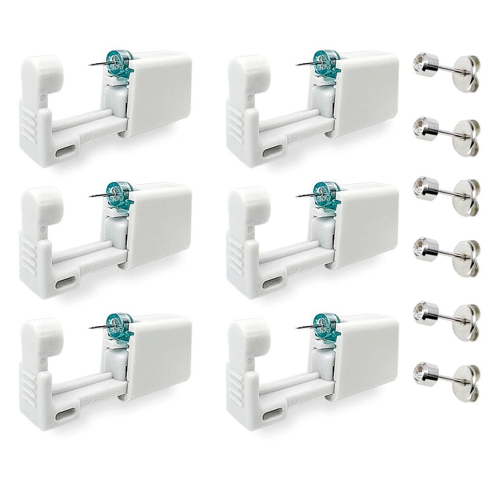 6 Pack Disposable Ear Piercing Kit - Self Piercing Gun with 4mm Silver Studs - Painless & Safe Home Piercing Tool - görsel 1