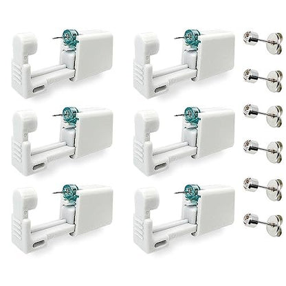 6 Pack Disposable Ear Piercing Kit - Self Piercing Gun with 4mm Silver Studs - Painless & Safe Home Piercing Tool