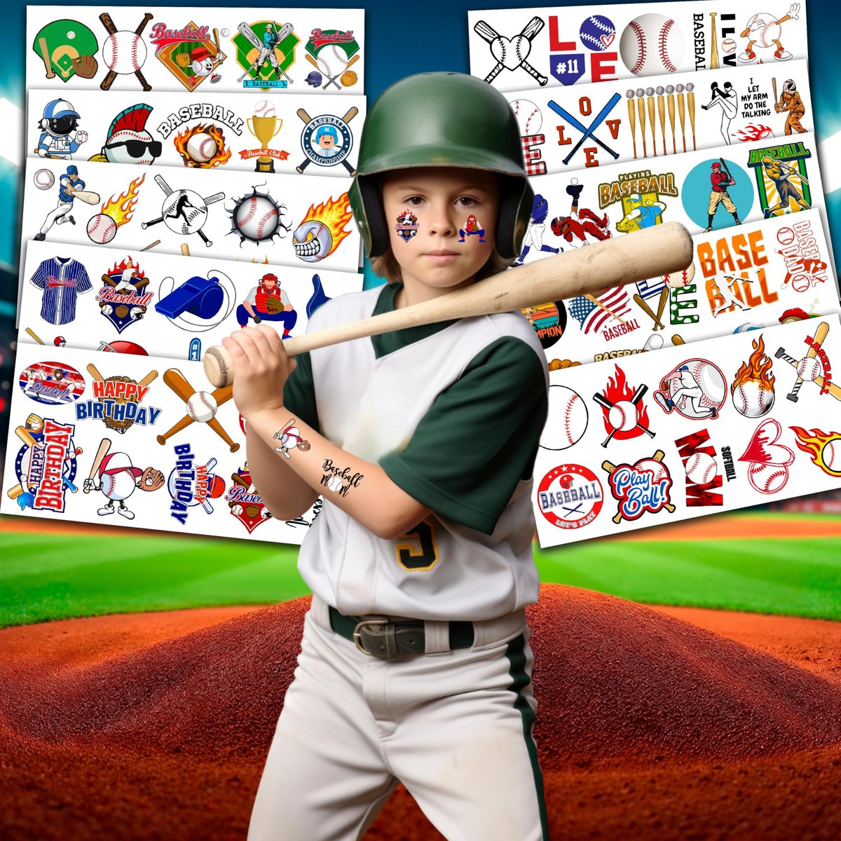 96 PCS Baseball Temporary Tattoos – Sports Theme Birthday Party Favors & Decorations, Fun Baseball Stickers for Boys Girls Kids, School Classroom Gifts & Rewards - görsel 5