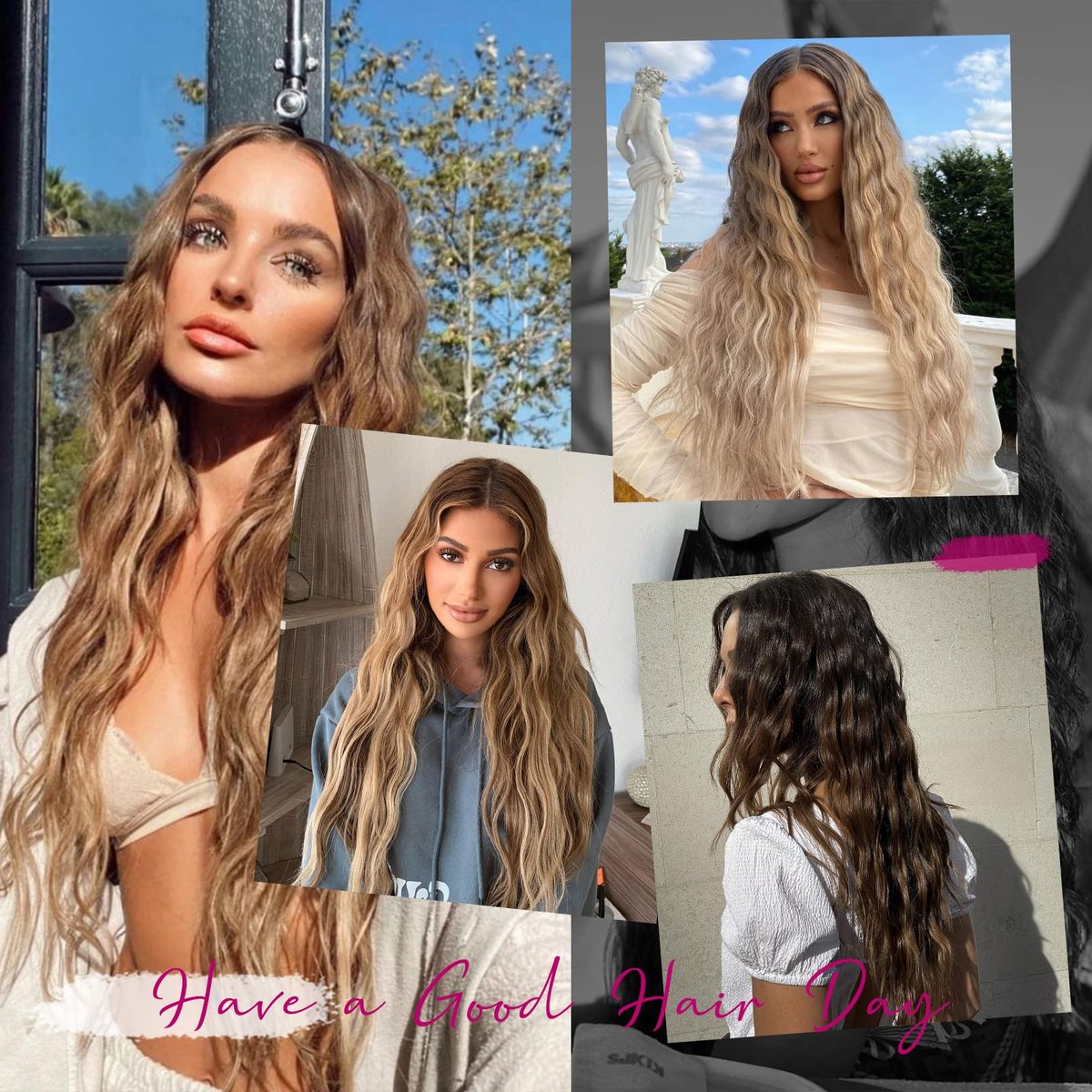 REECHO Clip in Hair Extensions 24 Inch Thick Long Loose Waves 5 Pcs Synthetic Brown Hairpieces for Women – Blonde Avelisse