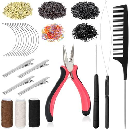 Complete Hair Extension Tools Kit – 600 Silicone Lined Micro Rings, Pliers, Needles, Clips, Comb, Threads & Rubber Bands for Professional & DIY Salon Results
