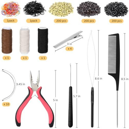Complete Hair Extension Tools Kit – 600 Silicone Lined Micro Rings, Pliers, Needles, Clips, Comb, Threads & Rubber Bands for Professional & DIY Salon Results