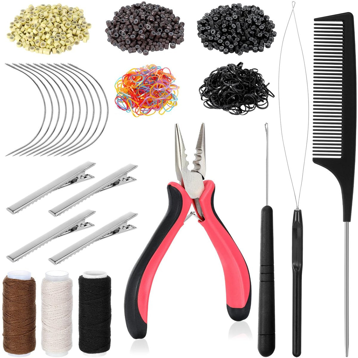 Complete Hair Extension Tools Kit – 600 Silicone Lined Micro Rings, Pliers, Needles, Clips, Comb, Threads & Rubber Bands for Professional & DIY Salon Results - görsel 1