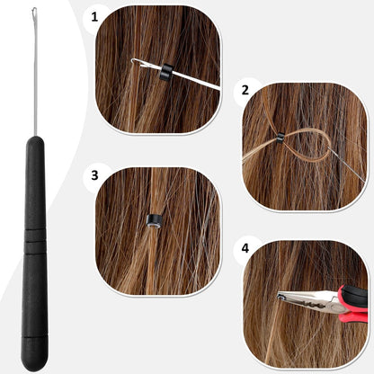 Complete Hair Extension Tools Kit – 600 Silicone Lined Micro Rings, Pliers, Needles, Clips, Comb, Threads & Rubber Bands for Professional & DIY Salon Results