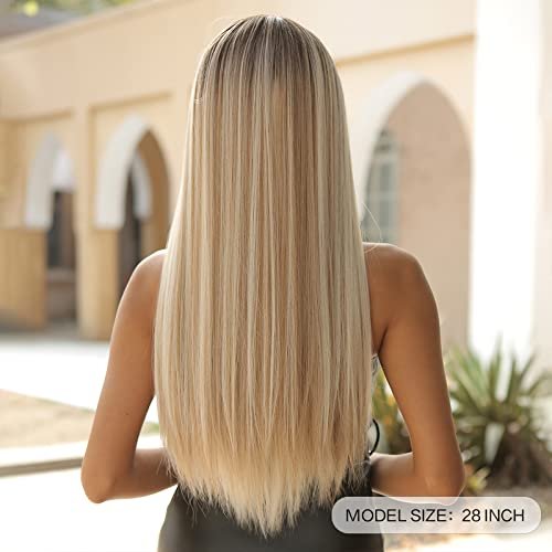 Allbell Long Straight Blonde Wig with Bangs Ombre Heat Resistant Fiber 26 Inch for Women Avelisse