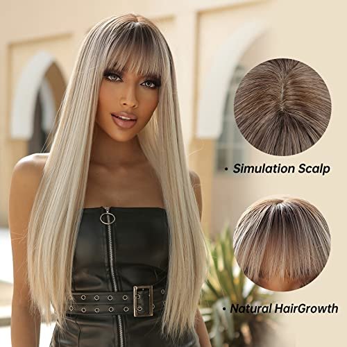 Allbell Long Straight Blonde Wig with Bangs Ombre Heat Resistant Fiber 26 Inch for Women Avelisse