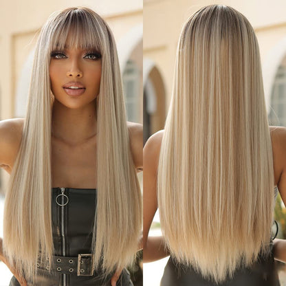 Allbell Long Straight Blonde Wig with Bangs Ombre Heat Resistant Fiber 26 Inch for Women Avelisse