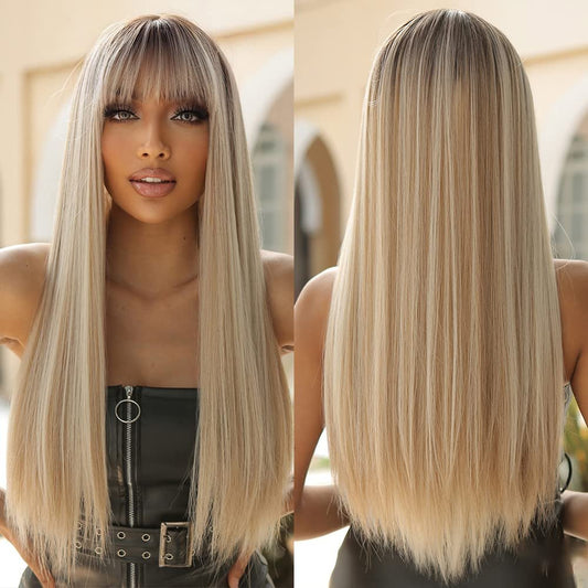Allbell Long Straight Blonde Wig with Bangs Ombre Heat Resistant Fiber 26 Inch for Women Avelisse