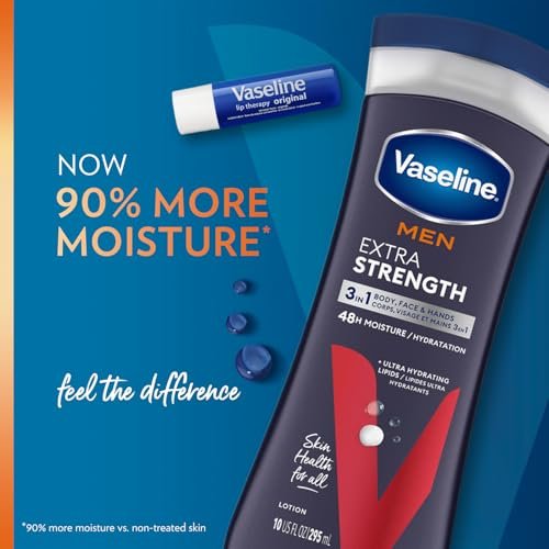 Vaseline Extra Strength 3-in-1 Lotion for Men + Original Lip Therapy – 2-Pack (10 Fl Oz Each) for Dry Skin, Face, Hands & Body Avelisse