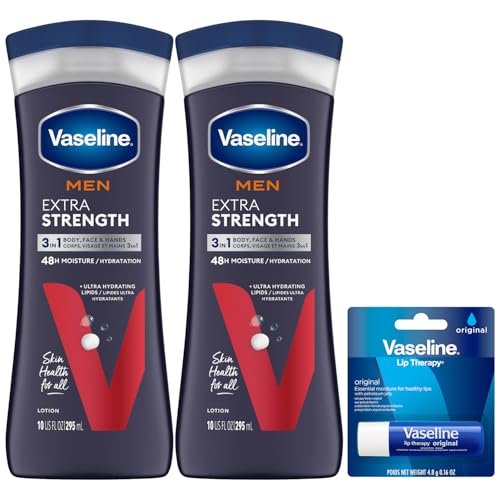 Vaseline Extra Strength 3-in-1 Lotion for Men + Original Lip Therapy – 2-Pack (10 Fl Oz Each) for Dry Skin, Face, Hands & Body Avelisse