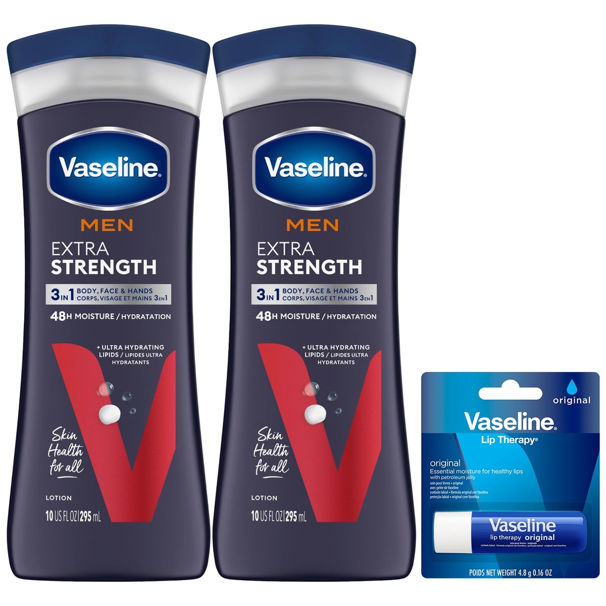 Vaseline Extra Strength 3-in-1 Lotion for Men + Original Lip Therapy – 2-Pack (10 Fl Oz Each) for Dry Skin, Face, Hands & Body Avelisse