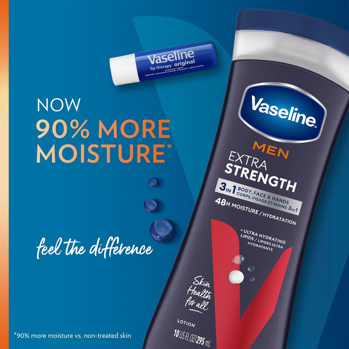 Vaseline Extra Strength 3-in-1 Lotion for Men + Original Lip Therapy – 2-Pack (10 Fl Oz Each) for Dry Skin, Face, Hands & Body Avelisse