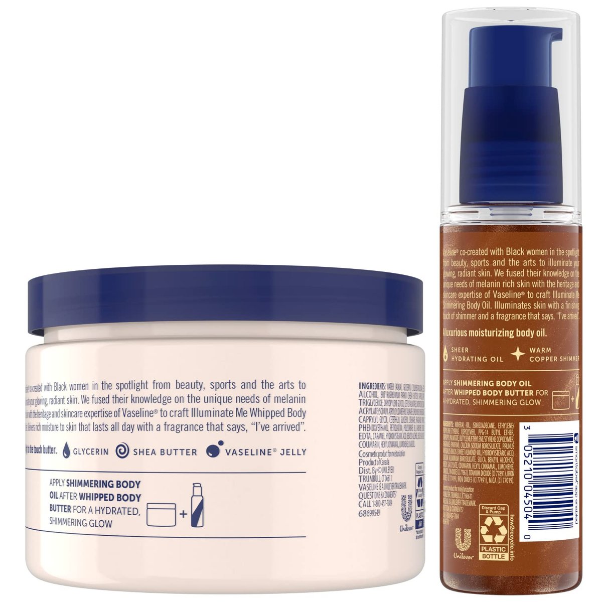 Vaseline Illuminate Me Body Butter & Oil – Shimmering Body Bronzer, Hydrating Whipped Organic Shea Butter with 24-Hour Moisture for Melanin-Rich Skin, Radiant Glow Oil (2 Piece Set) Avelisse