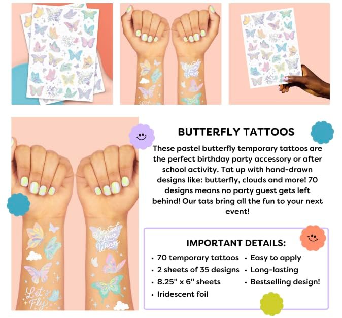 xo, Fetti Pastel Butterfly Temporary Tattoos - 70 Foil Styles for Rainbow Fairy Birthday Parties, Monarchs, Hearts, Flowers, Garden Arts & Baby Shower Decor - görsel 9