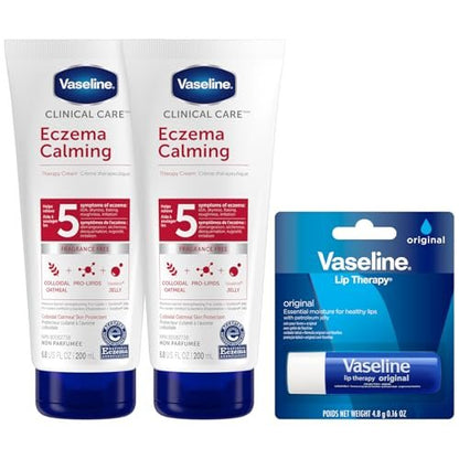 Vaseline Eczema Calming Therapy Cream 2-Pack with Colloidal Oatmeal + Original Lip Therapy – 3 Piece Set for Dry Skin Relief Avelisse