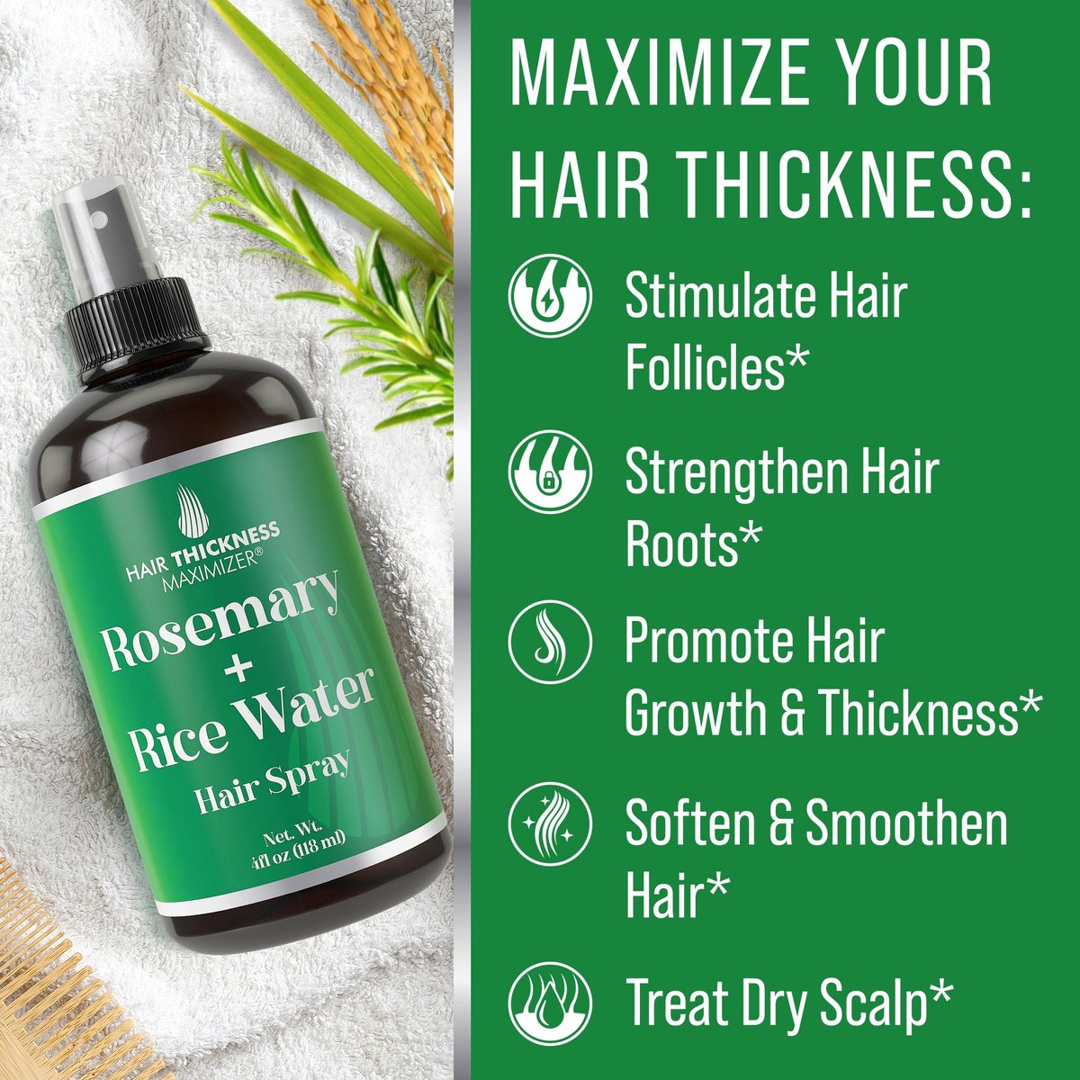 Longsheng Rice Water and Rosemary Hair Growth Spray for Women & Men - 4oz Vegan Scalp Treatment for Thickening, Moisturizing and Strengthening Dry, Weak Hair Avelisse