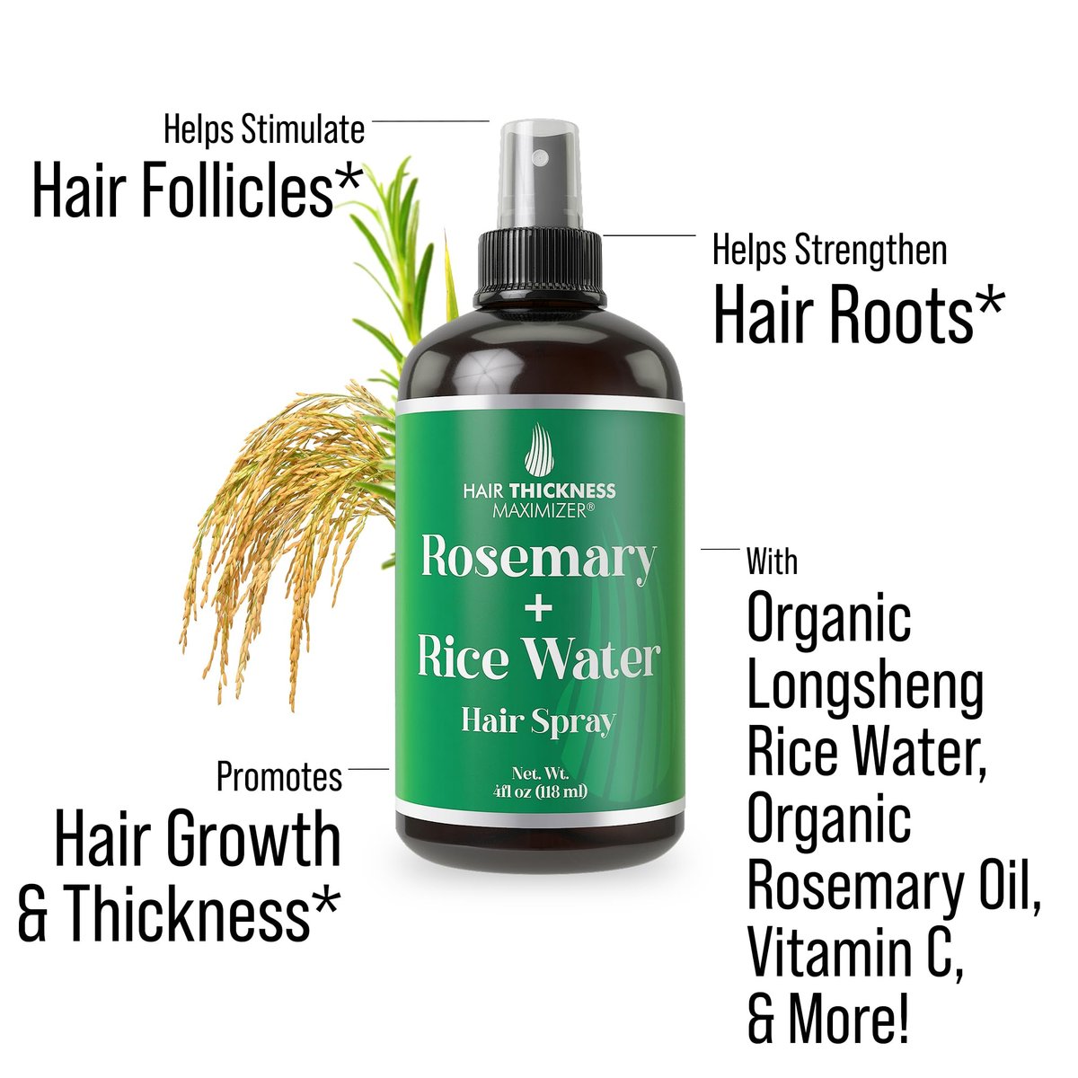Longsheng Rice Water and Rosemary Hair Growth Spray for Women & Men - 4oz Vegan Scalp Treatment for Thickening, Moisturizing and Strengthening Dry, Weak Hair Avelisse