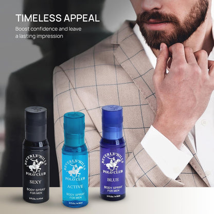 Beverly Hills Polo Club Men's Signature Body Spray Collection - 3-Piece Set (Blue, Active, Sexy) Avelisse