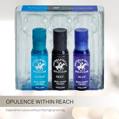 Beverly Hills Polo Club Men's Signature Body Spray Collection - 3-Piece Set (Blue, Active, Sexy) Avelisse