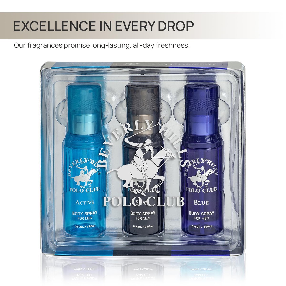 Beverly Hills Polo Club Men's Signature Body Spray Collection - 3-Piece Set (Blue, Active, Sexy) Avelisse