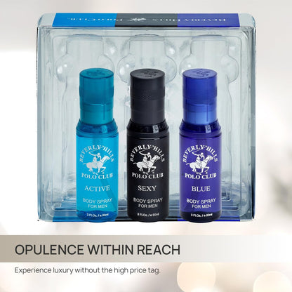 Beverly Hills Polo Club Men's Signature Body Spray Collection - 3-Piece Set (Blue, Active, Sexy) Avelisse