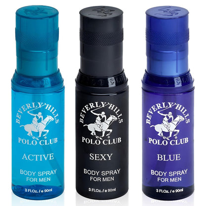 Beverly Hills Polo Club Men's Signature Body Spray Collection - 3-Piece Set (Blue, Active, Sexy) Avelisse