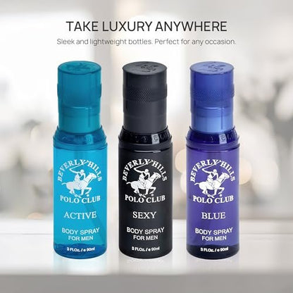 Beverly Hills Polo Club Men's Signature Body Spray Collection - 3-Piece Set (Blue, Active, Sexy) Avelisse