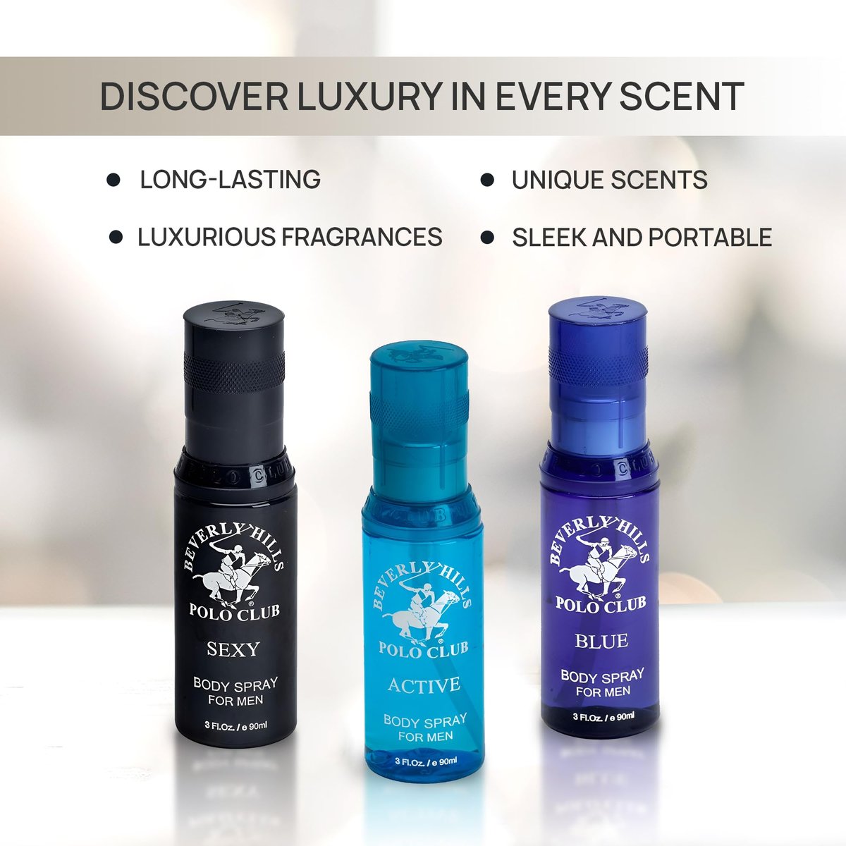 Beverly Hills Polo Club Men's Signature Body Spray Collection - 3-Piece Set (Blue, Active, Sexy) Avelisse