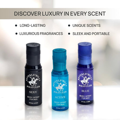 Beverly Hills Polo Club Men's Signature Body Spray Collection - 3-Piece Set (Blue, Active, Sexy) Avelisse