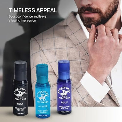 Beverly Hills Polo Club Men's Signature Body Spray Collection - 3-Piece Set (Blue, Active, Sexy) Avelisse
