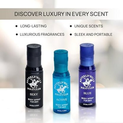 Beverly Hills Polo Club Men's Signature Body Spray Collection - 3-Piece Set (Blue, Active, Sexy) Avelisse
