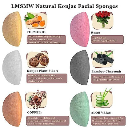 Organic Konjac Cleansing Facial Sponges Set - Gentle Exfoliating Konjac Sponge Scrubbers for Face & Body with Activated Charcoal, Natural Skincare Tools for Oily, Dry, Combination, Sensitive Skin (6 Pack, Brown)