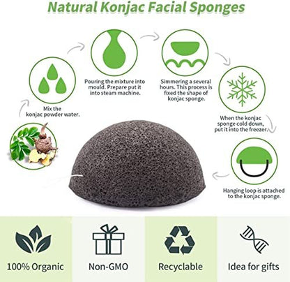Organic Konjac Cleansing Facial Sponges Set - Gentle Exfoliating Konjac Sponge Scrubbers for Face & Body with Activated Charcoal, Natural Skincare Tools for Oily, Dry, Combination, Sensitive Skin (6 Pack, Brown)
