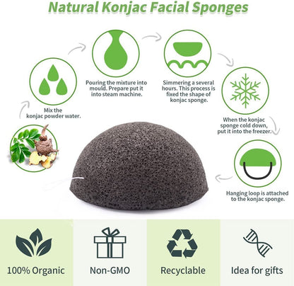 Organic Konjac Cleansing Facial Sponges Set - Gentle Exfoliating Konjac Sponge Scrubbers for Face & Body with Activated Charcoal, Natural Skincare Tools for Oily, Dry, Combination, Sensitive Skin (6 Pack, Brown)