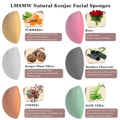Organic Konjac Cleansing Facial Sponges Set - Gentle Exfoliating Konjac Sponge Scrubbers for Face & Body with Activated Charcoal, Natural Skincare Tools for Oily, Dry, Combination, Sensitive Skin (6 Pack, Brown)