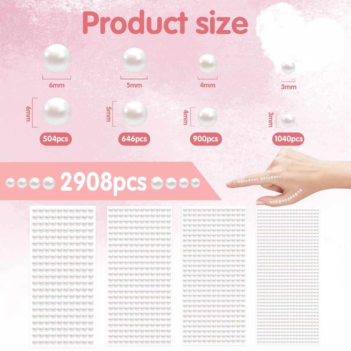 LOMIMOS 3090 Pcs Pearl Stickers - 4 Size Self Adhesive White Flat Faux Back Pearl Embellishment for Face Beauty Makeup Hair Nail Phone DIY Craft Decor (3/4/5/6mm) - görsel 3