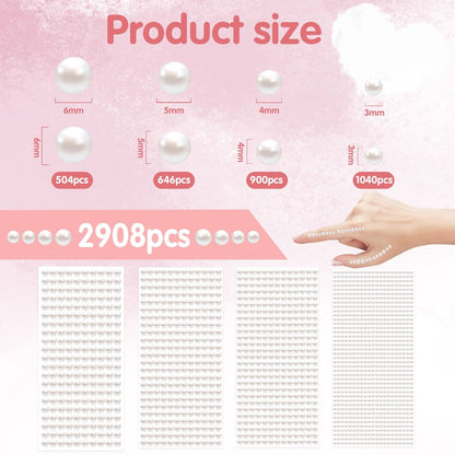 LOMIMOS 3090 Pcs Pearl Stickers - 4 Size Self Adhesive White Flat Faux Back Pearl Embellishment for Face Beauty Makeup Hair Nail Phone DIY Craft Decor (3/4/5/6mm)